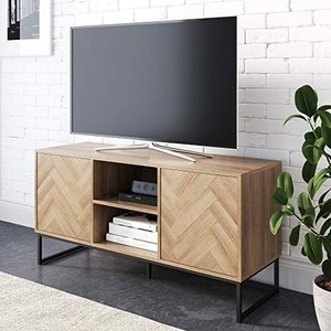lot 2946 image: Nathan James Dylan Media Console Cabinet or TV Stand with Doors for Hidden Storage in a Natural Reclaimed Herringbone Wood Pattern and Metal, OakMatte Black