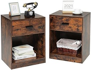 lot 2947 image: IWELL Nightstand Set of 2, End Table with Drawer, Beside Table with Open Compartment, 17.7��L�13.8��W�23.6��H, Accent Table for Narrow Space, Bedroom, Living Room, Study, Rustic Brown