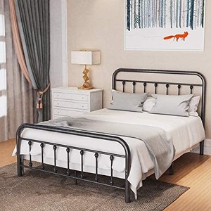 lot 2956 image: Noillats Metal Bed Frame Full Size with Vintage Headboard and Footboard, Premium Stable Steel Slat Support Mattress Foundation, No Box Spring Needed and Easy Assembly, Gray Black