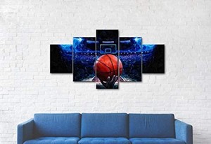 lot 2961 image: LoveHouse 5 Panel Modern Basketball Canvas Print Sports Wall Art Blue Background Ball Game Painting for Gym Boy Room Bedroom Decor Gallery Wrap Stretched Ready to Hang 60x32inch