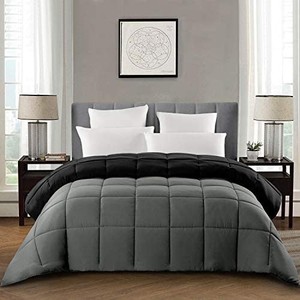 lot 5215 image: HOMBYS Lightweight Comforters for Queen Bed��Reversible Goose Down Alternative Comforter, Plush Microfiber Filling All Season Grey Black Bedding Duvet Insert for Men, Machine Washable Bed Comforters