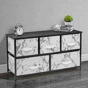lot 8797 image: Sorbus Dresser with 5 Drawers - Furniture Storage Chest Tower Unit for Bedroom, Hallway, Closet, Office Organization - Steel Frame, Wood Top, Easy Pull Fabric Bins (Marble WhiteBlack Frame)