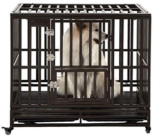 lot 8805 image: SMONTER Heavy Duty Dog Crate Strong Metal Pet Kennel Playpen with Two Prevent Escape Lock, Large Dogs Cage with Wheels