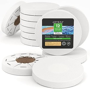 lot 2000 image: Arteza Stretched Canvas, Pack of 12, 4-Inch Diameter, Round Blank Canvases, 100% Cotton, 8 oz Gesso-Primed, Art Supplies for Acrylic Pouring and Oil Painting