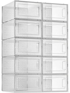 lot 2009 image: 10 Pack Shoe Storage Boxes, Clear Plastic Stackable Shoe Organizer Bins, Drawer Type Front Opening Sneaker Shoe Holder Containers black edging not white
