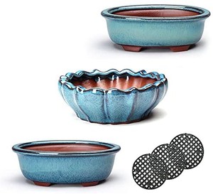 lot 2032 image: (3-Piece) Water-Glazed Blue Bonsai Tree Flower Pots, Succulent Ceramic Flower Pots, Handmade,7.2 x 5.19 x 2.36 In  5.51 x 3.97 x 1.77 In  4.52 x 4.52 x 1.65 In (L x W x H)  3 Drain Filters super nice deep colors