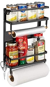 lot 2042 image: Pittaigo Magnetic Spice Rack for Refrigerator, Multi-Tier Magnetic Shelf Fridge Organizer Refrigerator Side Rack with 2 Paper Towel Holders & 5 Removable Hooks, 18.3x11.8x4.5 Bears up to 30lb, Black