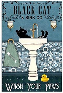lot 2049 image: Black cat sink co wash your paws tin sign bathroom decor wavy metal not flat