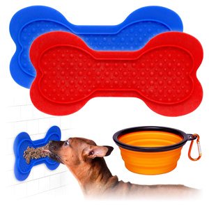 lot 2050 image: CramuAli Dog Lick Pads - 2 Large Dog Washing Distraction Device, Peanut Butter Lick Mat, Dispensing Treater Mat with Super Suction for Pet Bathing, Grooming, Dog Training  1 Collapsible Bowl