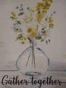 lot 2059 image: Home Decor Beautiful Grey & Yellow Flowers Gather together quote canvas