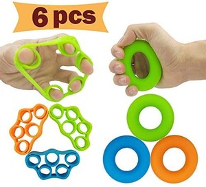 lot 2128 image: Hand Grip Strengthener, Finger Exerciser, Grip Strength Trainer (6 PCS) NEW MATERIAL Forearm grip workout, Finger Stretcher, Relieve Wrist & Thumb Pain, Carpal tunnel, Great for Rock Climbing and More may vary slightly from stock photo