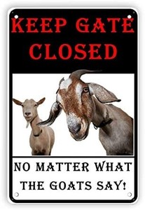 lot 2181 image: Woollywonder Knits Keep The Gate Closed No Matter What The Goats Say Metal Sign Retro Wall Decor Wall Art Decoration Plaque for Home Kitchen Bar Cafe Door Garden Garage 8 x 12 inch