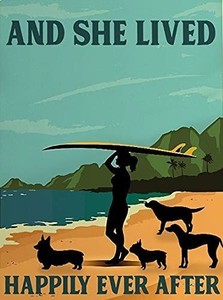 lot 2182 image: She Lived Happily Ever After, Tropical Home Decor, Girl Surfing Poster, Surfer Gift Dog Lover Gift Dog Canvas Wall 12x8 inch