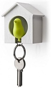 lot 2198 image: Sparrow Key Ring by Qualy Design Studio. Cool Wall Decoration - Nice and Practical Wall Mounted Keyholder and Keyring. Unusual Gift. White Birdhouse and Green Bird Keychain.