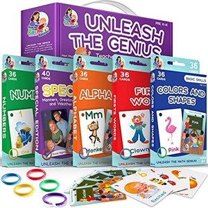 lot 4247 image: Educational Flash Cards for Children - Set of 14 Pre KK Mega Flashcards Set with First Words, Alphabet, Colors, Shapes, Numbers, Manners, Greetings, and Time bonus 14 packs with 2 books total of 590 flash cards