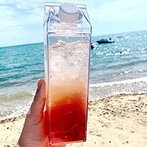 lot 41884 image: Transparent Milk Carton Water Bottle Portable Plastic Bottle Reusable Water Bottles Outdoor Cold Juice Water Sports Cup with floral design not plain
