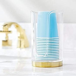 lot 41886 image: mDesign Modern Plastic Compact Small Disposable Paper Cup Dispenser - Storage Holder for Rinsing Cups on Bathroom Vanity Countertops - ClearSoft Brass