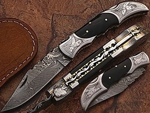 lot 41891 image: DR-5162-ENG Custom Made Damascus Steel Pocket Knife Handy Craft Bolster Design with case.