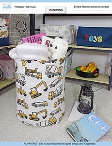 lot 41905 image: Large Size oval Storage Basket Foldable Waterproof Canvas Laundry Hamper with Handles Nursery Organizer for Bedroom Living RoomBathroom(Engineering Vehicle black lining, varies from stock photo