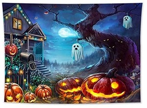 lot 41918 image: Happy Halloween Tapestry Pumpkin Lantern Cute Ghost Haunted House Tapestry Wall Hanging haunted graves varies from stock photo