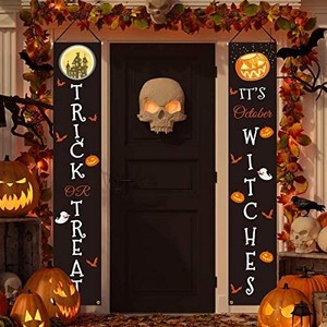 lot 41919 image: Halloween Decorations Outdoor, Trick or Treat Its October Witches, Halloween Porch Signs for Front Door or Indoor Home Decor, Halloween Porch Decorations Welcome Signs varies slightly from stock photo