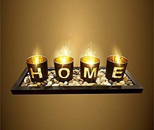 lot 41985 image: Candle Holder Set, Includes Ornamental Earth Stones Black Wood Tray and 4 Glass Cups Featuring ��HOME�� Wording, Decorative Holiday Gift for your Loved One.