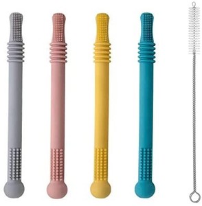 lot 48986 image: Hollow Teether Tubes, Baby Teething Tube Toys, Chewing Straws Molar Baby Toy, With Cleaning Brush, BPA Free  Freezable (4 Pack, Babies 0-6.6-12 Months colors may very