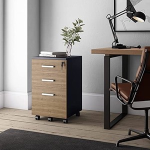 lot 5013 image: Lazio 26 Inch File Cabinet with Lock - Home and Office - 3 Drawer File Cabinet with Wheels for A4 Sized LettersDocuments, Legal Sized Documents, Hanging File Folders - Cass WalnutBlack