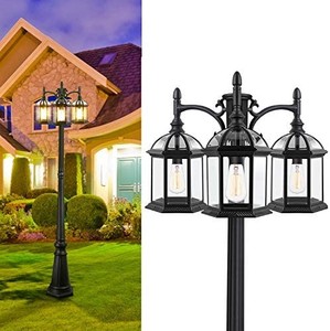 lot 5026 image: Outdoor Lamp Post Light, 3-Head Surface-Mount Post Waterproof Outside Pole Light Aluminum, Black Birdcage Design Outdoor Street Light Pole Lamp Triple-Head for Backyard, Patio, Garden, Walkway