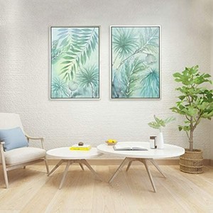 lot 5028 image: MOTINI Framed Oil Painting Artwork,Abstract Hand-Painted Green and Blue Leaves with Silver Foil Wall Art 24 X 36 Set of 2