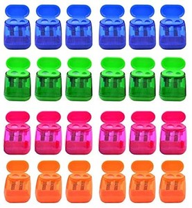 lot 6021 image: AUSTARK 24Pcs Pencil Sharpener Manual, Assorted Color Small Dual Hole Handheld Pencil Sharpeners with Lid for School Office Home