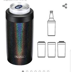 lot 6032 image: 4-in-1 Skinny Can Cooler Double Wall Stainless Steel Insulated Can Holder, Works With 12 Oz Slim Can,Standard Cans,Beer Bottles & As Pint Cups(Glitter Dark)