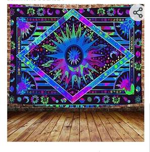 lot 6099 image: DBLLF Large 80 x 60 Inch Flannel Tapestry Celestial Moon & Sun Wall Hanging Blue Hippie Pattern for Living Room Bedroom DBLX024