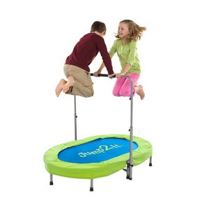 lot 8018 image: Jump2It Kids Portable 2 Person Mini Trampoline with Adjustable Central Handle and Protective Frame Cover