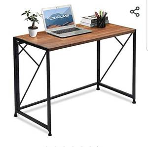 lot 30882 image: COMHOMA Folding Desk Foldable Computer Desk 40 Home Office Desk Modern Simple Writing Desk Table Space Saving Collapsible Desk, No Assembly Required, Brown