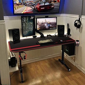 lot 30910 image: Vitesse 55 inch Gaming Desk, Gaming Computer Desk, PC Gaming Table, T Shaped Racing Style Proitessfessional Gamer Game Station with Free Mouse pad, USB Gaming Handle Rack, Cup Holder Headphone Hook