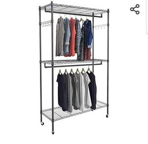 lot 30912 image: Homdox 3 Shelves Wire Shelving Clothing Rolling Rack Heavy Duty Commercial Grade Garment Rack with Wheels and Side Hooks (One Pair Hook and Two Hanging Rods Gray)