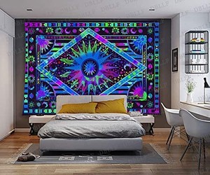 lot 30934 image: DBLLF Psychedelic Burning Sun Tapestry Large 80x 60 Flannel Art Tapestries Celestial Sun Moon Tapestry Wall Hanging Boho Tapestry Hippie Blue Tapestry for Living Room Bedroom Dorm DBLX024