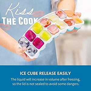 lot 30936 image: HAPTIME Ice Cube Tray Stackable Set Easy-Release Silicone & Flexible Ice Trays with Lid - Durable Plastic BPA Free - 2 Packs  14 Cube Ice Molds for Freezer, Drinks, Baby Food Storage