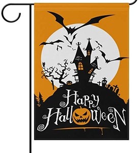 lot 30941 image: Wamika Halloween Garden Flags 12 x 18 Double Sided, Spooky Castle Grave Pumpkin Bat Funny Scary Welcome Autumn Fall Winter Holiday Outdoor Yard House Flags Banner for Party Home Decor