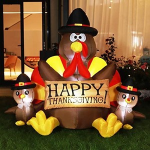 lot 30957 image: VIVOHOME 6ft Height Happy Thanksgiving Inflatable LED Lighted Turkey Family Blow up Outdoor Lawn Yard Decoration