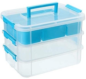 lot 30958 image: JuxYes 3-Tiers Stack Carry Storage Box With Divided Tray, Transparent Stackable Storage Bin With Handle Lid Latching Storage Container for School & Office Supplies (Blue)