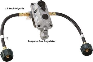 lot 30967 image: Flame King (KT12ACR6) 2-Stage Auto Changeover LP Propane Gas Regulator With Two 12 Inch Pigtails For RVs, Vans, Trailers