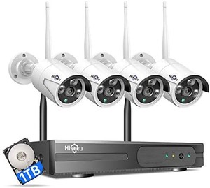 lot 30975 image: Hiseeu Wireless Security Camera System with 1TB Hard Drive with One-Way Audio,8 Channel NVR 4Pcs 1296P 3.0MP Night Vision WiFi Security Surveillance Cameras DC Power Home Outdoor