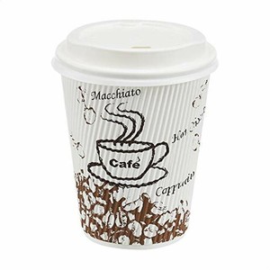 lot 39996 image: Amazon Basics Insulated Ripple Wall Hot Cups with Lids, Caf� Design, 12 oz, 100-Count