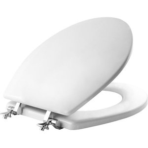 lot 23180 image: Mayfair Round Enameled Wood Toilet Seat in White with Chrome Hinge and STA-TITE