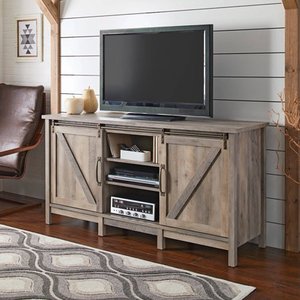 lot 23185 image: Better Homes & Gardens Modern Farmhouse TV Stand for TVs up to 70, Rustic Gray Finish