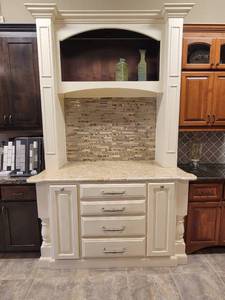 lot 24706 image: Creme White Island Display with Mantle Enclosure - Backsplash not Included - CONTENTS NOT INCLUDED