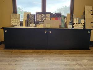 lot 24718 image: 4 Slide Door Cabinet - Black Particle Board - CONTENTS ON AND UNDER NOT INCLUDED
