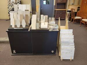 lot 24755 image: Black Storage Cabinet with Tile Samples - Contents Included